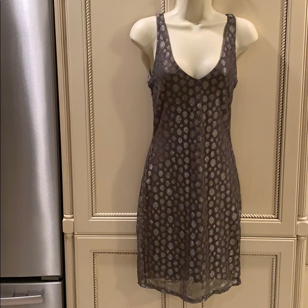 Bloomingdales Aqua Silver V-neck Mesh Dot Dress Sz  Small